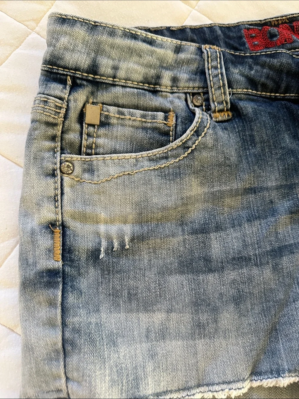 Embellished Light Wash Denim Shorts - Blue